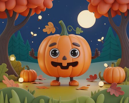 Cute cartoon pumpkin character standing in a magical autumn forest scene with glowing fireflies under a full moon