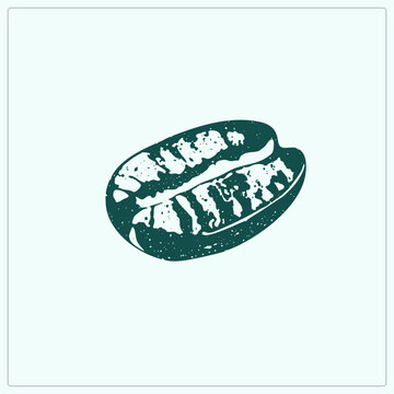 Single roasted coffee bean, the humble java seed, rendered as a grunge linocut stamp with speckled texture. This cafe in dark green ink suits rustic roastery branding and vintage packaging.