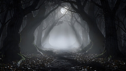 Fototapeta premium Mysterious dark forest path under full moon light with heavy fog and twisted silhouetted trees