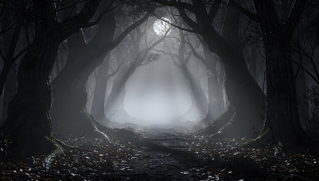 Mysterious dark forest path under full moon light with heavy fog and twisted silhouetted trees