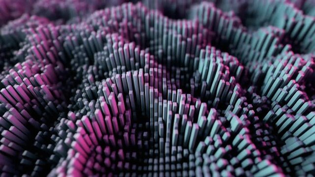 Abstract organic structures undulating with vibrant purple and teal light during a slow camera pan