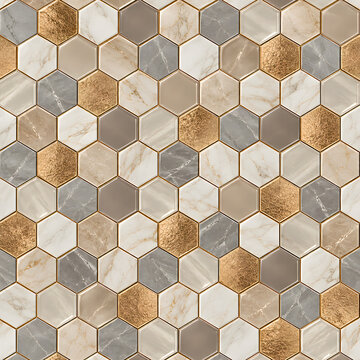 Seamless Hexagon Marble Mosaic Tile Texture with Gold and Gray Accents
