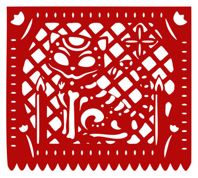 Red papel picado banner cutout featuring a skeletal cat design surrounded by candles for Day of the Dead celebration on white background.