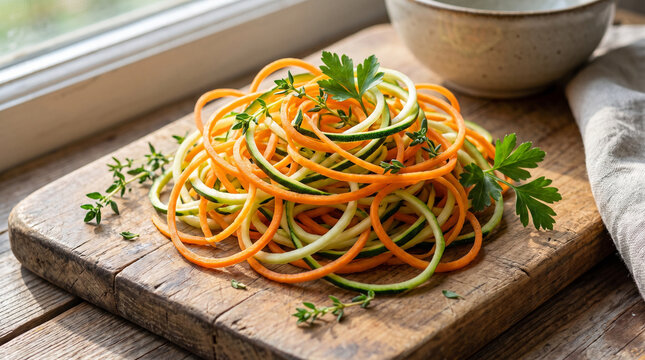 Chef using a spiralizer to create vegetable noodles on a wooden board  
