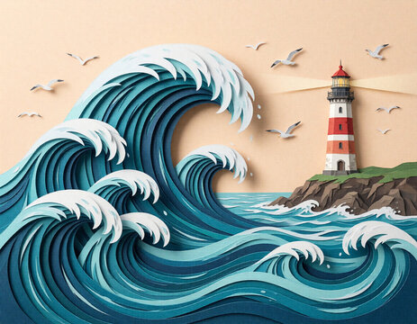 Layered paper cut illustration of ocean waves and a red and white lighthouse