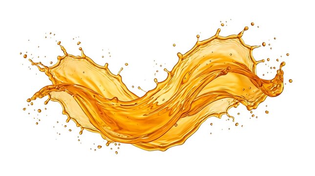 Energetic wavy splash of golden orange liquid with abundant droplets on a white background