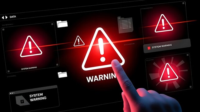 A human finger interacting with a digital interface showing red warning triangle and data folders in a dark, high-tech computer environment