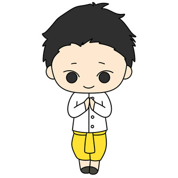 Chibi boy bows with hands pressed together
