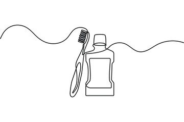 Obraz premium Toothbrush and mouthwash continuous line art with editable stroke minimal vector design