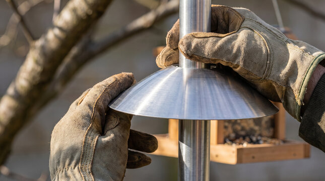 Hands installing squirrel baffle on bird feeder pole outdoors  