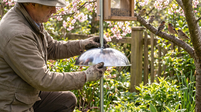 Man installing squirrel baffle on bird feeder pole in backyard garden  