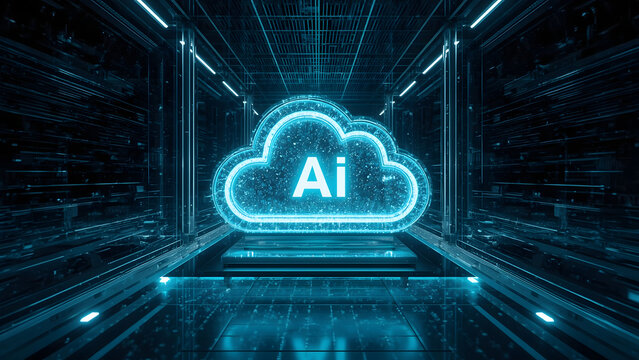 Cloud and edge computing technology data transfer concept. A large cloud icon is in the center, Ai Brain Cloud Big data, network, Science and futuristic ai cloud background concept.