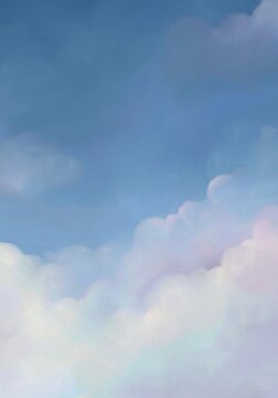 Aesthetic angelic oil paint blue sky with clouds illustration background