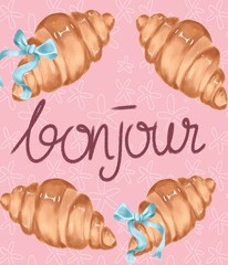 Pastel Croissant with Blue Ribbon and Bonjour Lettering on Pink Background © Mira