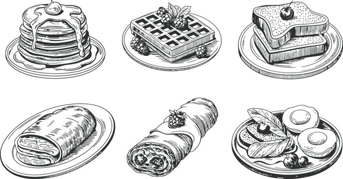 Breakfast food collection featuring pancakes waffles and french toast for menu design and branding.