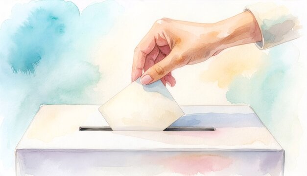 投票箱に投票用紙を入れる手元を描いた水彩イラスト