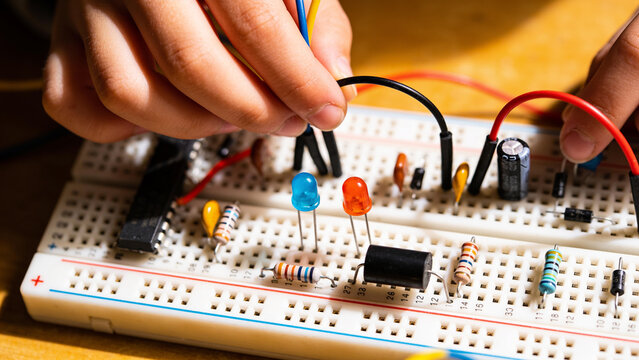 Hands on electronics lesson with a breadboard and wires