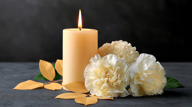 All souls day memorial with burning candle, white carnations and autumn leaves on dark background symbolizing remembrance and mourning