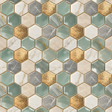 Seamless Sage Green Hexagon Mosaic Tile with Marble and Gold
