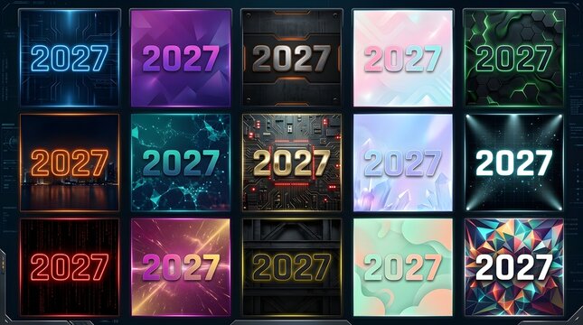 A vibrant collection of new year 2027 greetings showcasing diverse color palettes and celebratory designs for a hopeful future