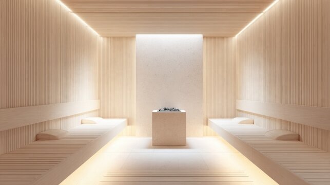 Ultra realistic luxury light toned sauna interior, inside view, one central pale stone sauna heater as the focal object, light ash wood walls, cream