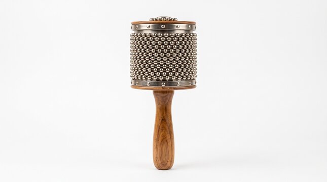 Traditional wooden cabasa percussion instrument featuring shiny metal beads captured in high detail on white background