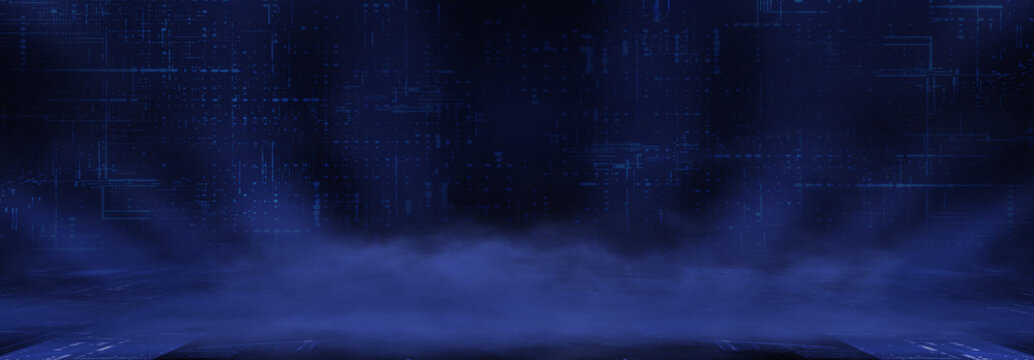 Dark blue abstract digital background with smoky matrix corridor and light reflections banner 3d render