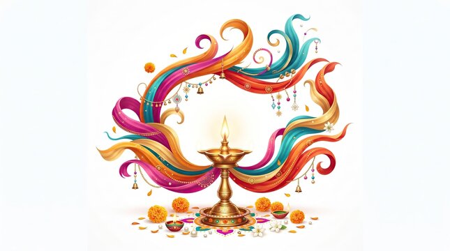 Diwali diya lamp with colorful ribbons isolated on white background