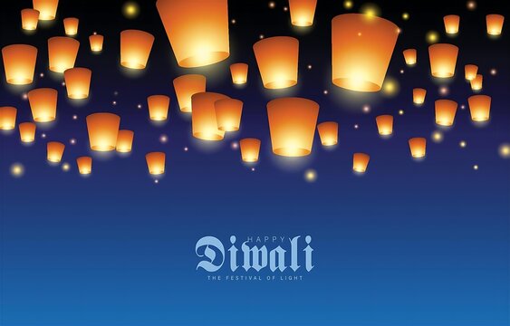 Glowing sky lanterns floating in dark blue night sky for Happy Diwali festival of light celebration background banner with copy space for holiday promo.