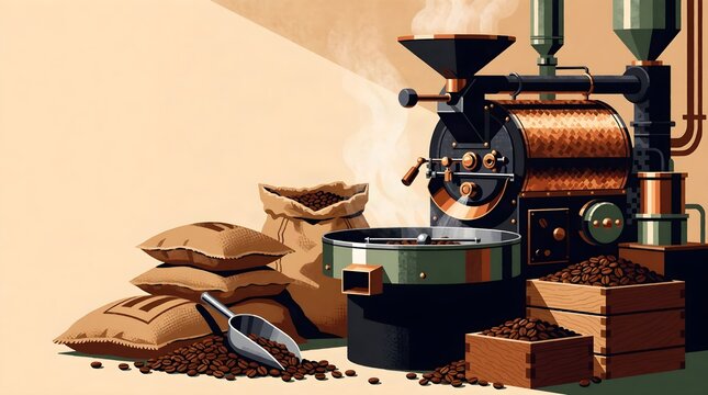 Coffee Roasting Machine with Beans and Burlap Sacks