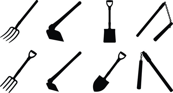Black silhouette vector set of agricultural farming and gardening tools including shovel, pitchfork, hoe, and flail