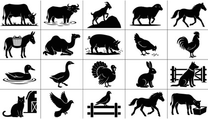 Obraz premium Farm Animal Silhouettes Collection with Various Livestock and Poultry
