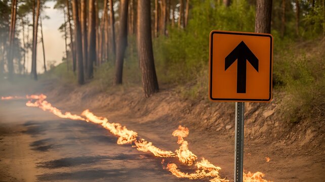 A yellow road sign with a black arrow pointing up on a forest road with flames burning along the ground during a dangerous wildfire event outdoors