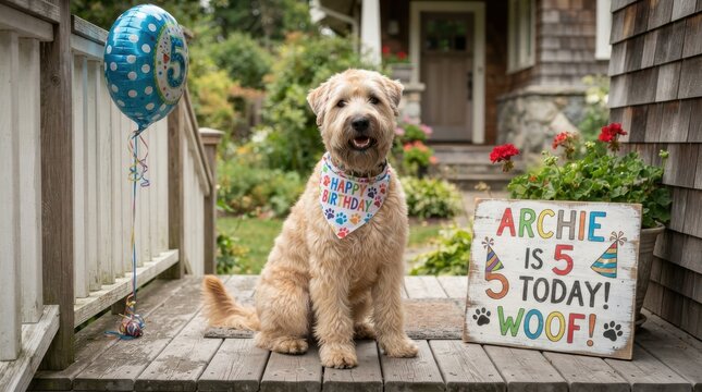 Happy dog celebrating fifth birthday with balloon and sign on porch