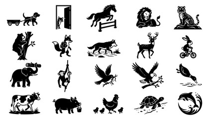 Obraz premium Animal Silhouettes Set with Various Creatures, Farm Animals