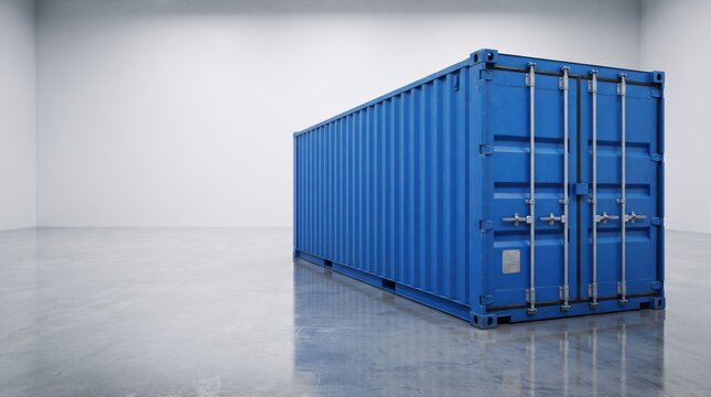 Blue shipping container inside large warehouse studio interior, industrial logistics cargo storage concept with copy space