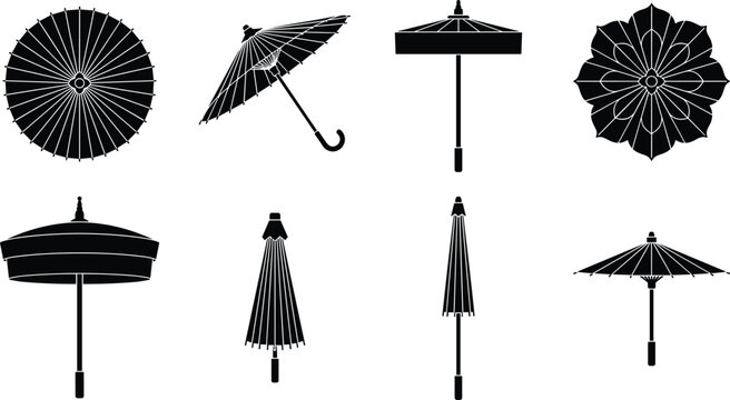 Black silhouette vector set of traditional Asian paper umbrellas and parasols isolated on white background