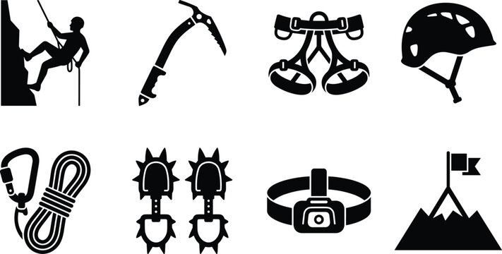 Collection of black silhouette mountaineering and rock climbing equipment icons featuring climber harness ice axe and rope