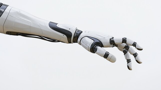 Robotic arm extending forward with fingers slightly curled against white background