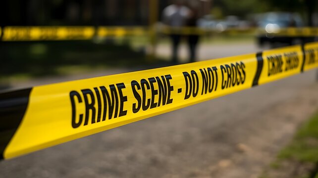 Bright yellow crime scene tape stretched across a restricted area with bold black text reading do not cross at an outdoor investigation site location