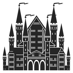 Fototapeta premium Fantasy citadel black icon. Medieval castle silhouette