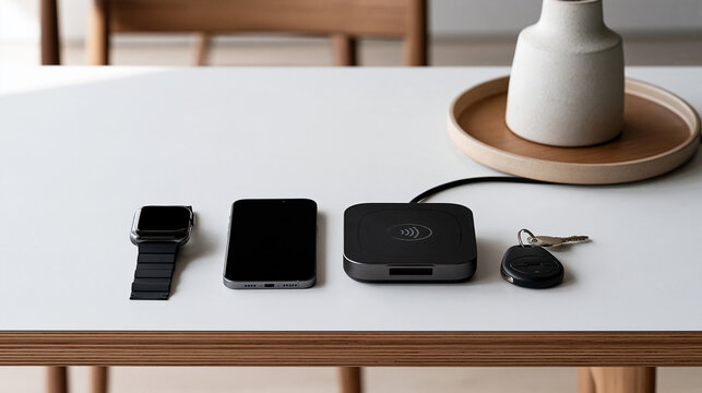 Symmetrical overhead shot of multiple payment devices laid beside a contactless reader &mdash; smartwatch, phone, card, key fob &mdash; on a minimalist desk, NFC enabled fintech concept