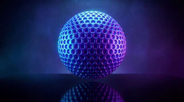 Glowing sphere with honeycomb pattern on a reflective surface in blue and purple light
