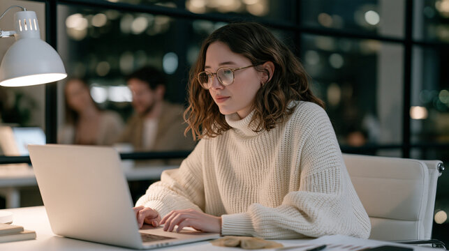 An email marketing coordinator in a rain soaked urban office monitors remote campaign metrics while a slow puddle of cold coffee is wiped from beside the keyboard, a diverse team