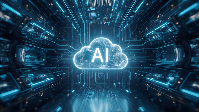 Cloud and edge computing technology data transfer concept. A large cloud icon is in the center, Ai Brain Cloud Big data, network, Science and futuristic ai cloud background concept.