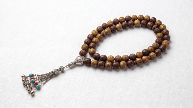 Wooden prayer bead necklace with silver tassel, turquoise and red accents on white fabric