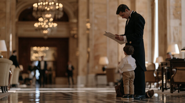 Hotel doorman in a grand marble lobby checks a safety protocol checklist, a small bandage on one finger from earlier polishing work, a child standing near his ankles watching from