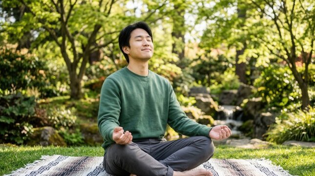 Man Meditating In A Lush Garden Zen And Wellness