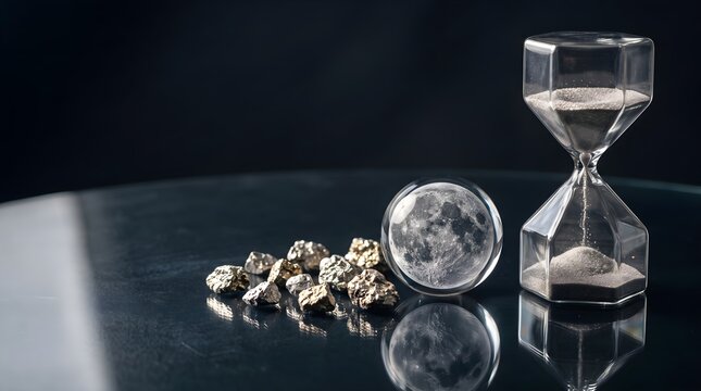 Hourglass moon and rocks symbolizing time and value.