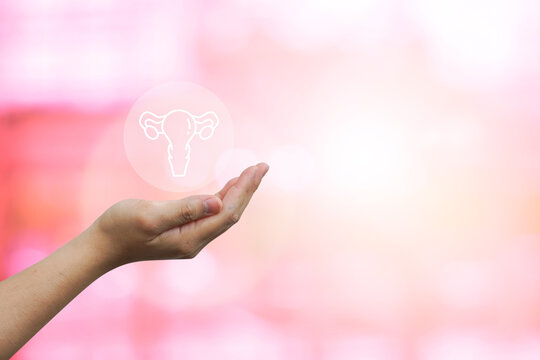 woman hand show uterus symbol on pink background represent about health checkup and lifestyle for health and wellness concept